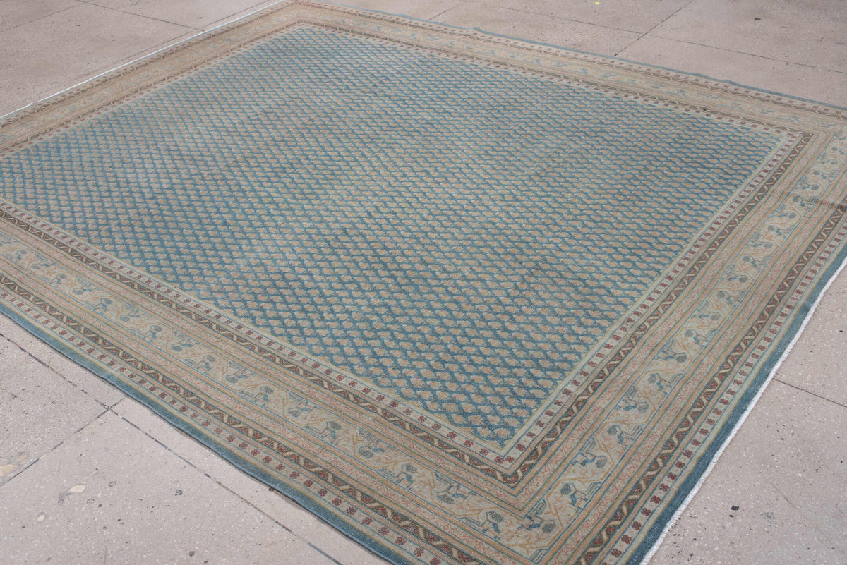 8' x 10' one-of-a-kind handmade antique Mir large size rug. Color palette: blue, ivory, tan, rust, sage, charcoal, cream