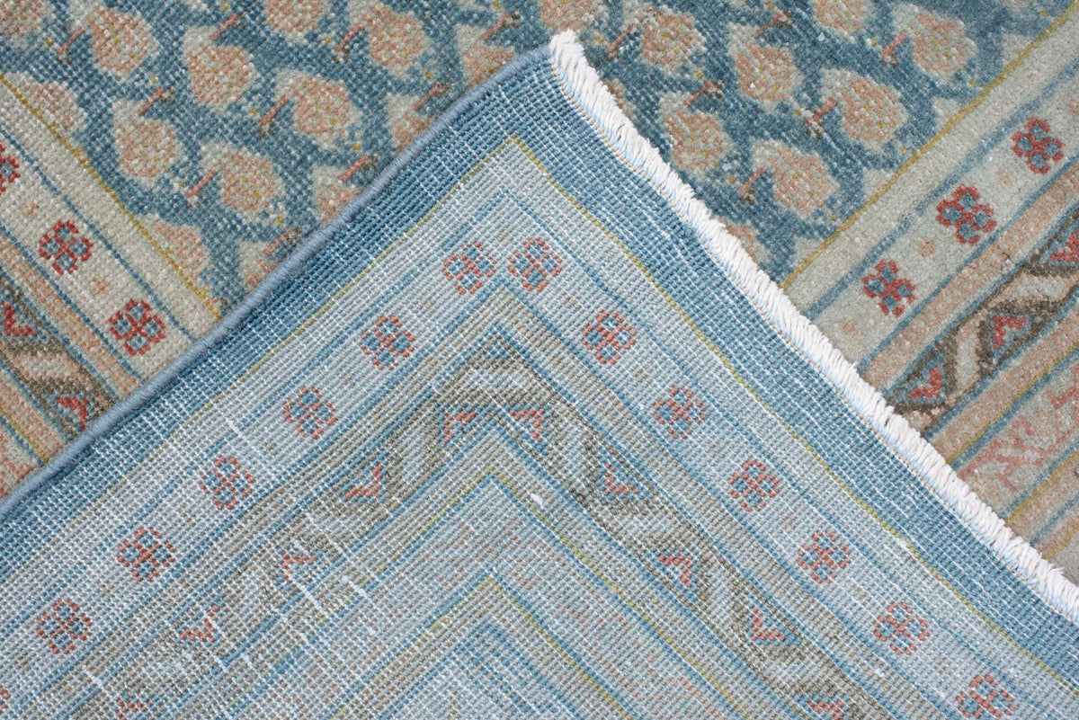 8' x 10' one-of-a-kind handmade antique Mir large size rug. Color palette: blue, ivory, tan, rust, sage, charcoal, cream