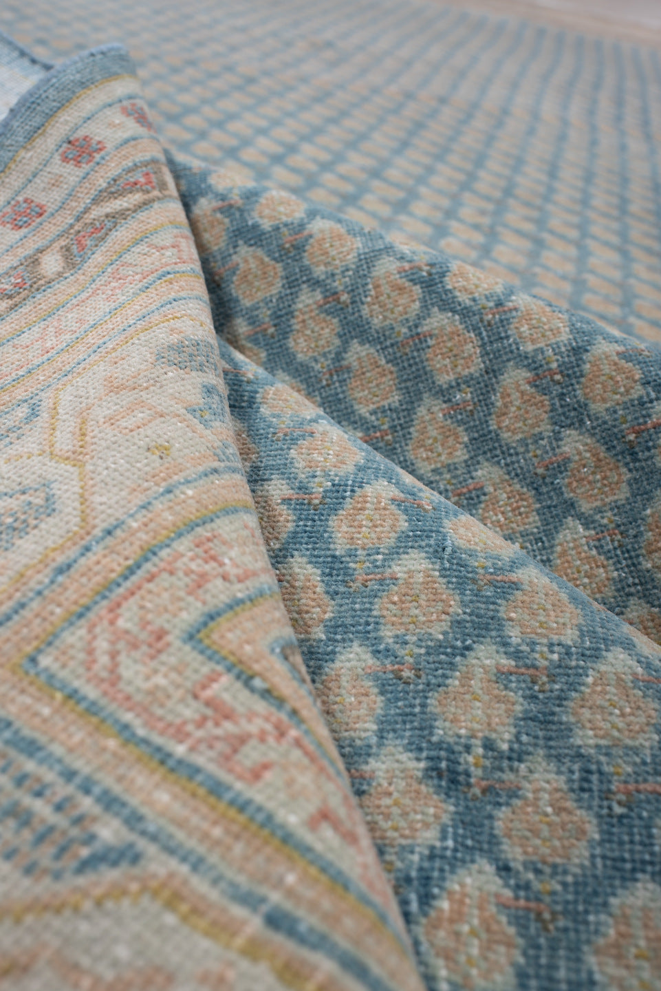 8' x 10' one-of-a-kind handmade antique Mir large size rug. Color palette: blue, ivory, tan, rust, sage, charcoal, cream