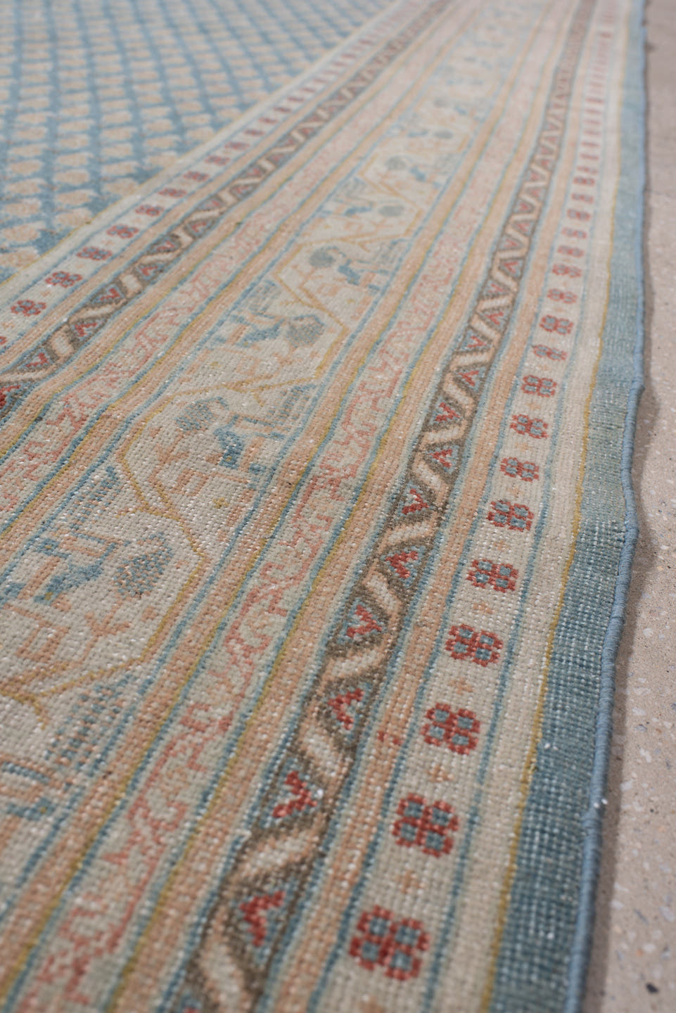 8' x 10' one-of-a-kind handmade antique Mir large size rug. Color palette: blue, ivory, tan, rust, sage, charcoal, cream