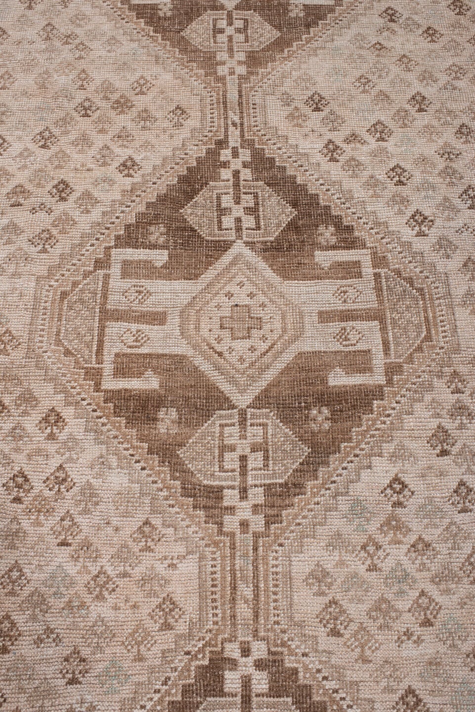 7' x 10' one-of-a-kind handmade antique Shhiraz large size rug. Color palette: ivory, taupe, camel, cocoa, sand, rose beige