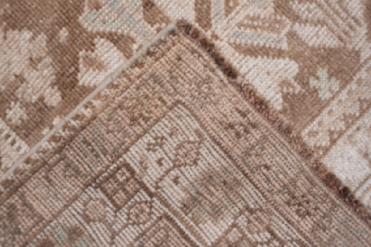 7' x 10' one-of-a-kind handmade antique Shhiraz large size rug. Color palette: ivory, taupe, camel, cocoa, sand, rose beige