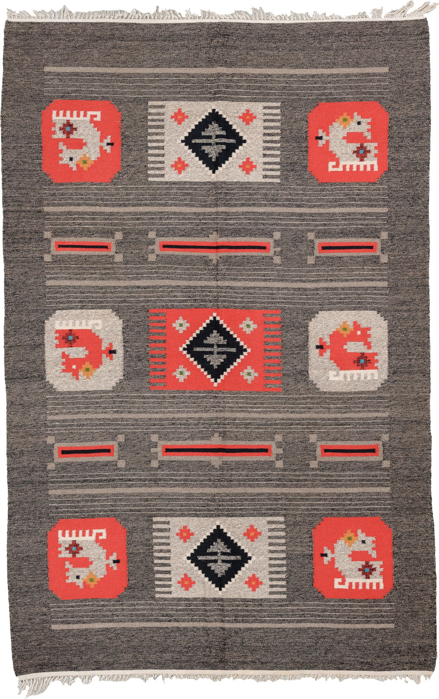 5' x 7' one-of-a-kind handmade antique Scandinavian medium size rug. Color palette: charcoal, coral, ivory, black, taupe