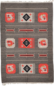 5' x 7' one-of-a-kind handmade antique Scandinavian medium size rug. Color palette: charcoal, coral, ivory, black, taupe