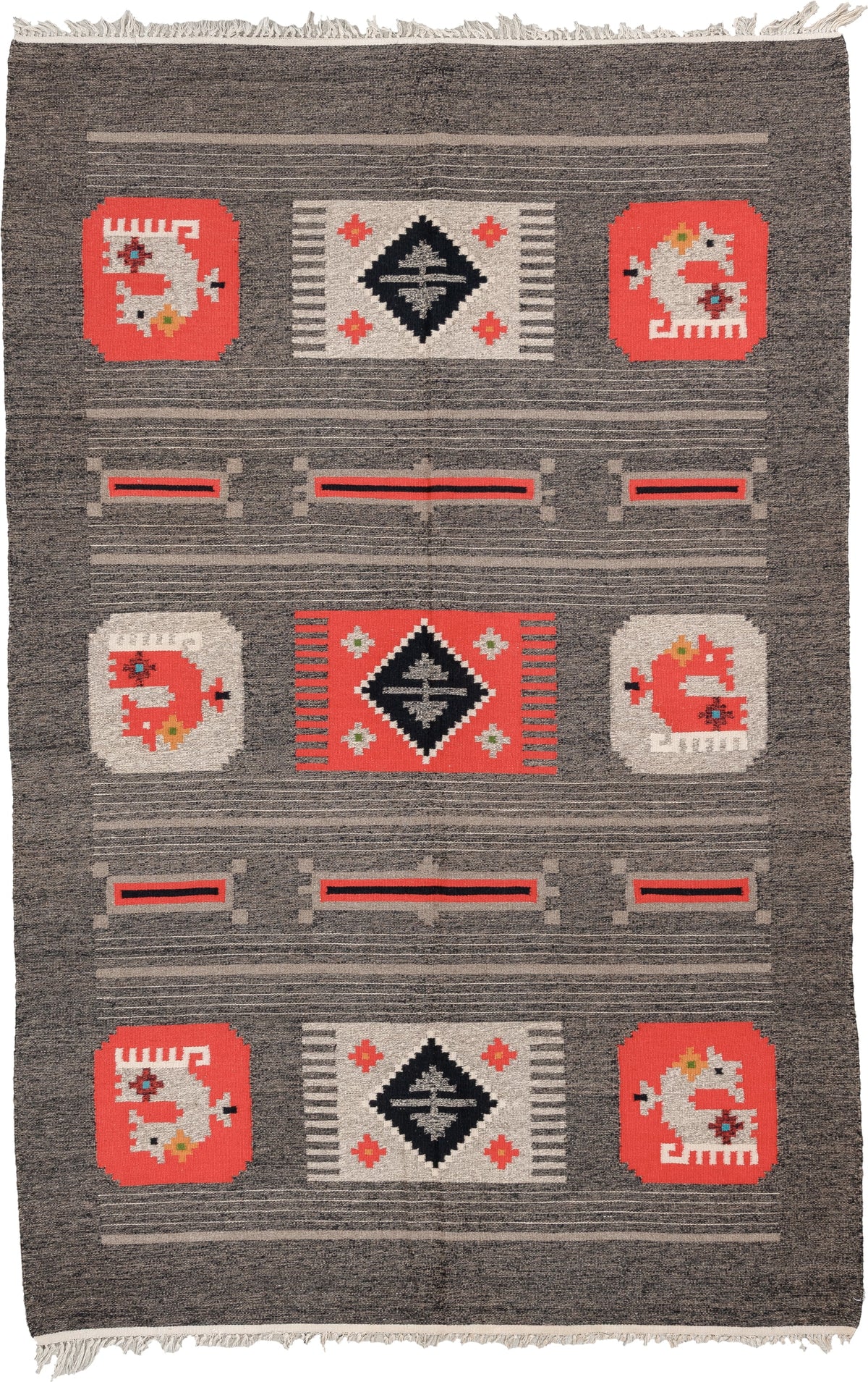 5' x 7' one-of-a-kind handmade antique Scandinavian medium size rug. Color palette: charcoal, coral, ivory, black, taupe