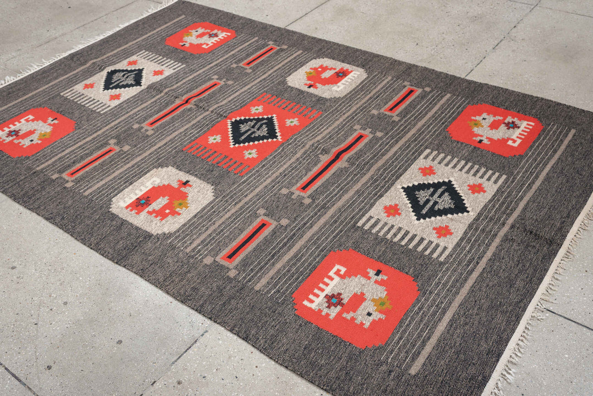 5' x 7' one-of-a-kind handmade antique Scandinavian medium size rug. Color palette: charcoal, coral, ivory, black, taupe