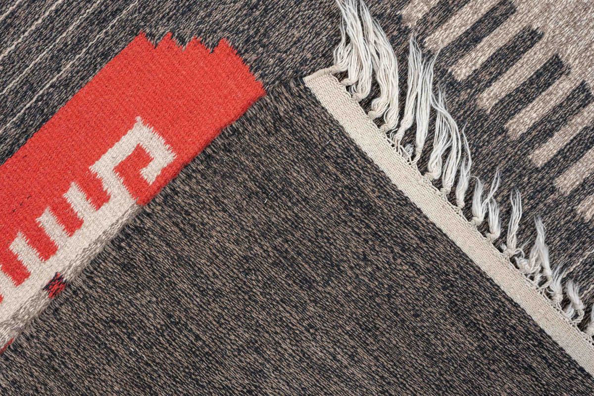 5' x 7' one-of-a-kind handmade antique Scandinavian medium size rug. Color palette: charcoal, coral, ivory, black, taupe