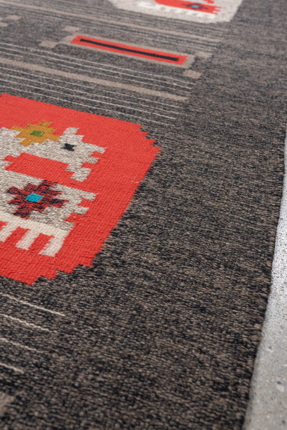 5' x 7' one-of-a-kind handmade antique Scandinavian medium size rug. Color palette: charcoal, coral, ivory, black, taupe