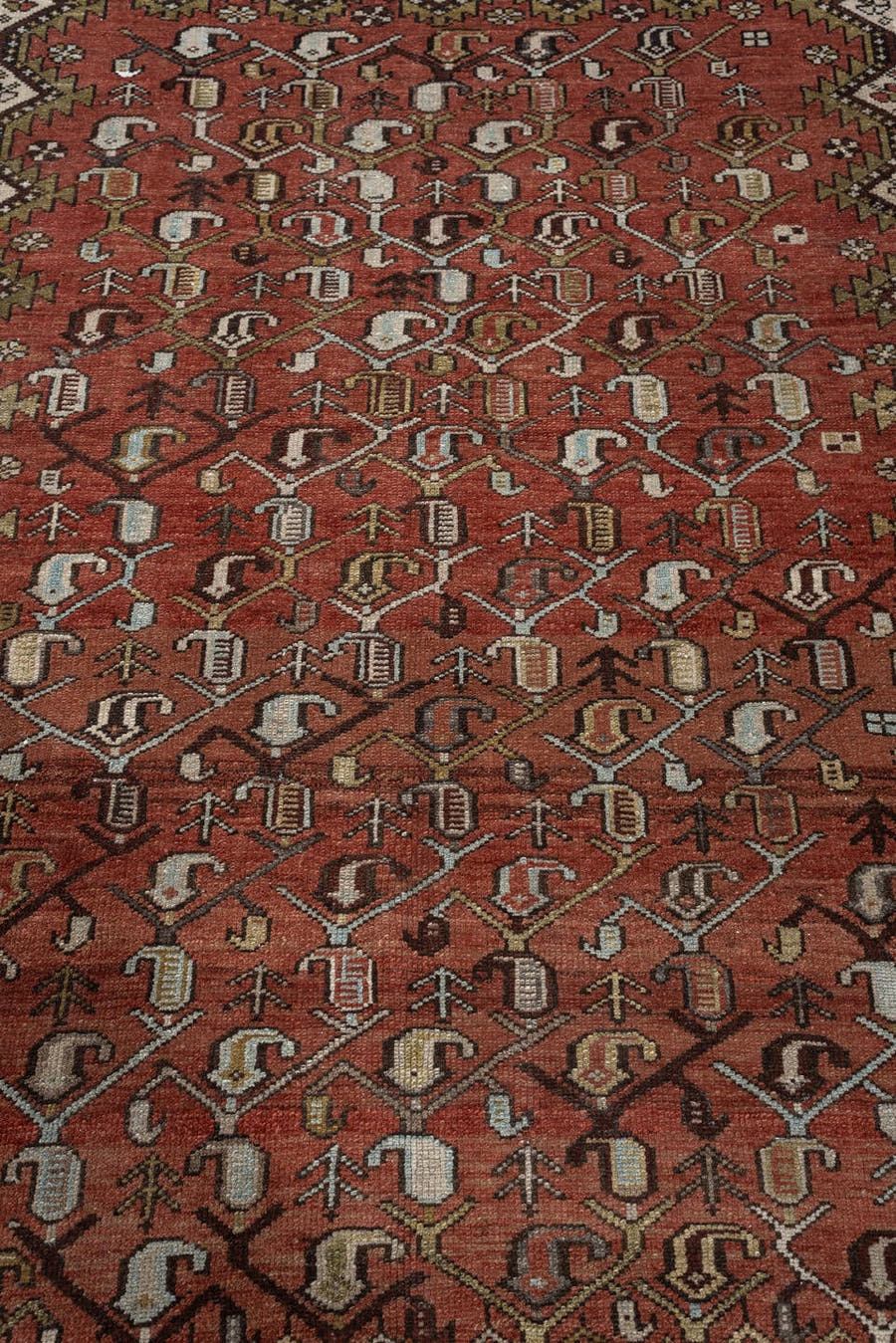 3' x 4' one-of-a-kind handmade antique Malayer small size rug. Color palette: rust, ivory, pale blue gray, dark brown, olive