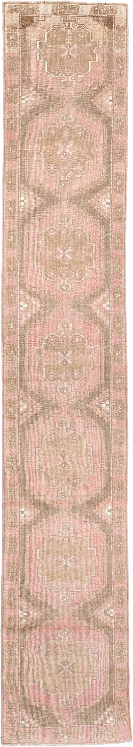 2' x 15' one-of-a-kind handmade antique Oushak runner rug. Color palette: blush rose, taupe, ivory, dusty pink, sage, beige