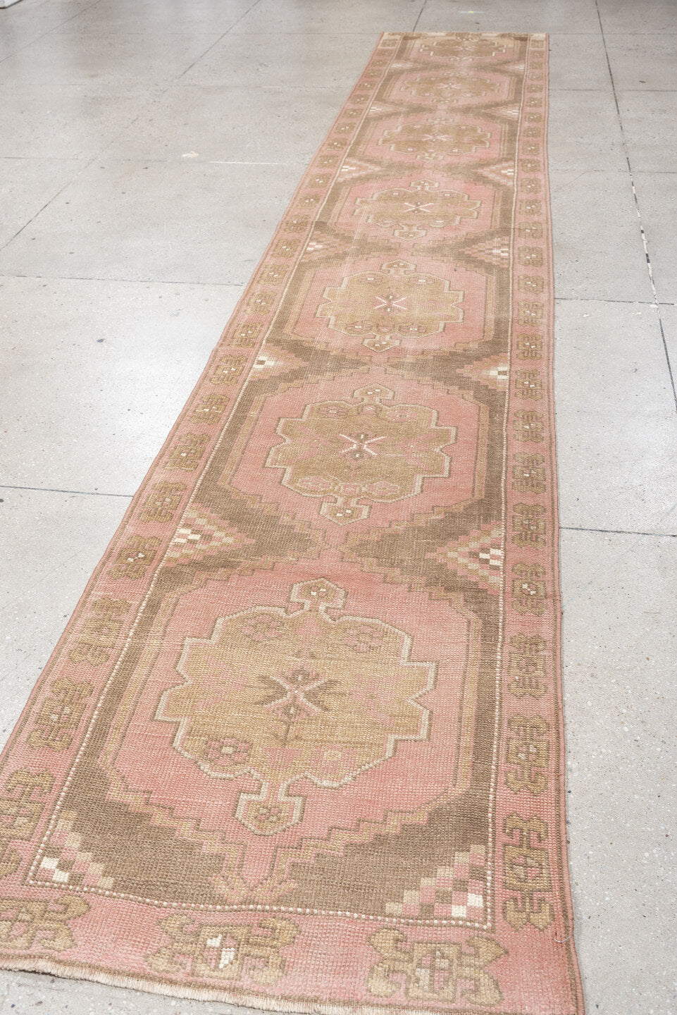 2' x 15' one-of-a-kind handmade antique Oushak runner rug. Color palette: blush rose, taupe, ivory, dusty pink, sage, beige