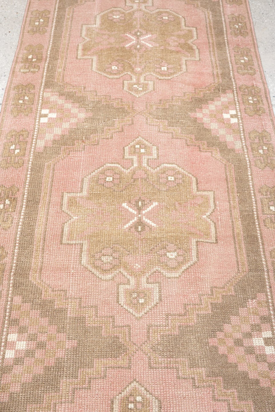 2' x 15' one-of-a-kind handmade antique Oushak runner rug. Color palette: blush rose, taupe, ivory, dusty pink, sage, beige