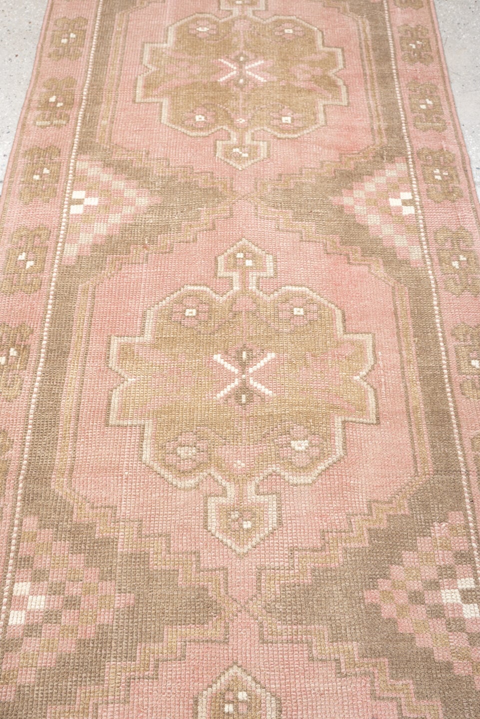 2' x 15' one-of-a-kind handmade antique Oushak runner rug. Color palette: blush rose, taupe, ivory, dusty pink, sage, beige