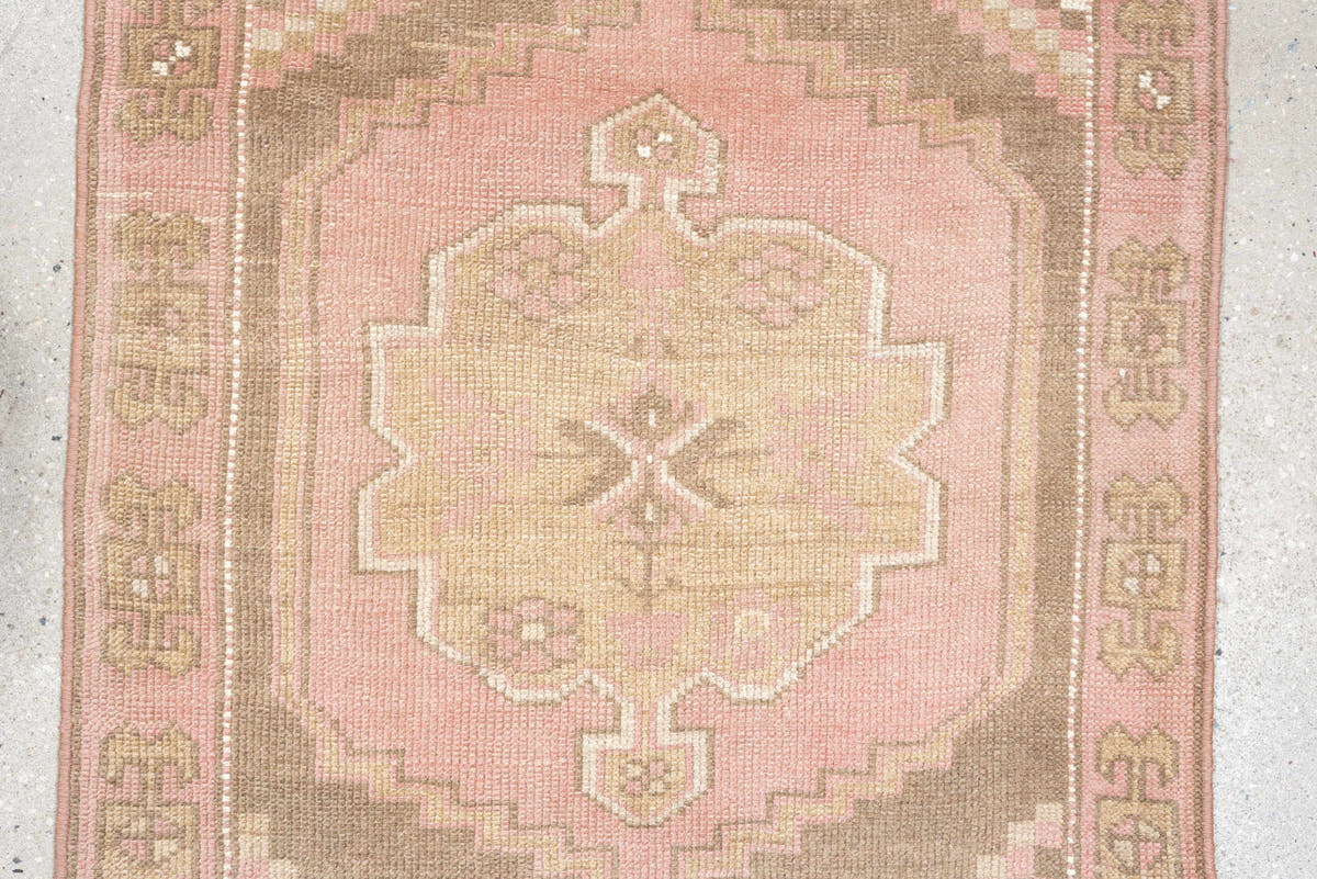 2' x 15' one-of-a-kind handmade antique Oushak runner rug. Color palette: blush rose, taupe, ivory, dusty pink, sage, beige