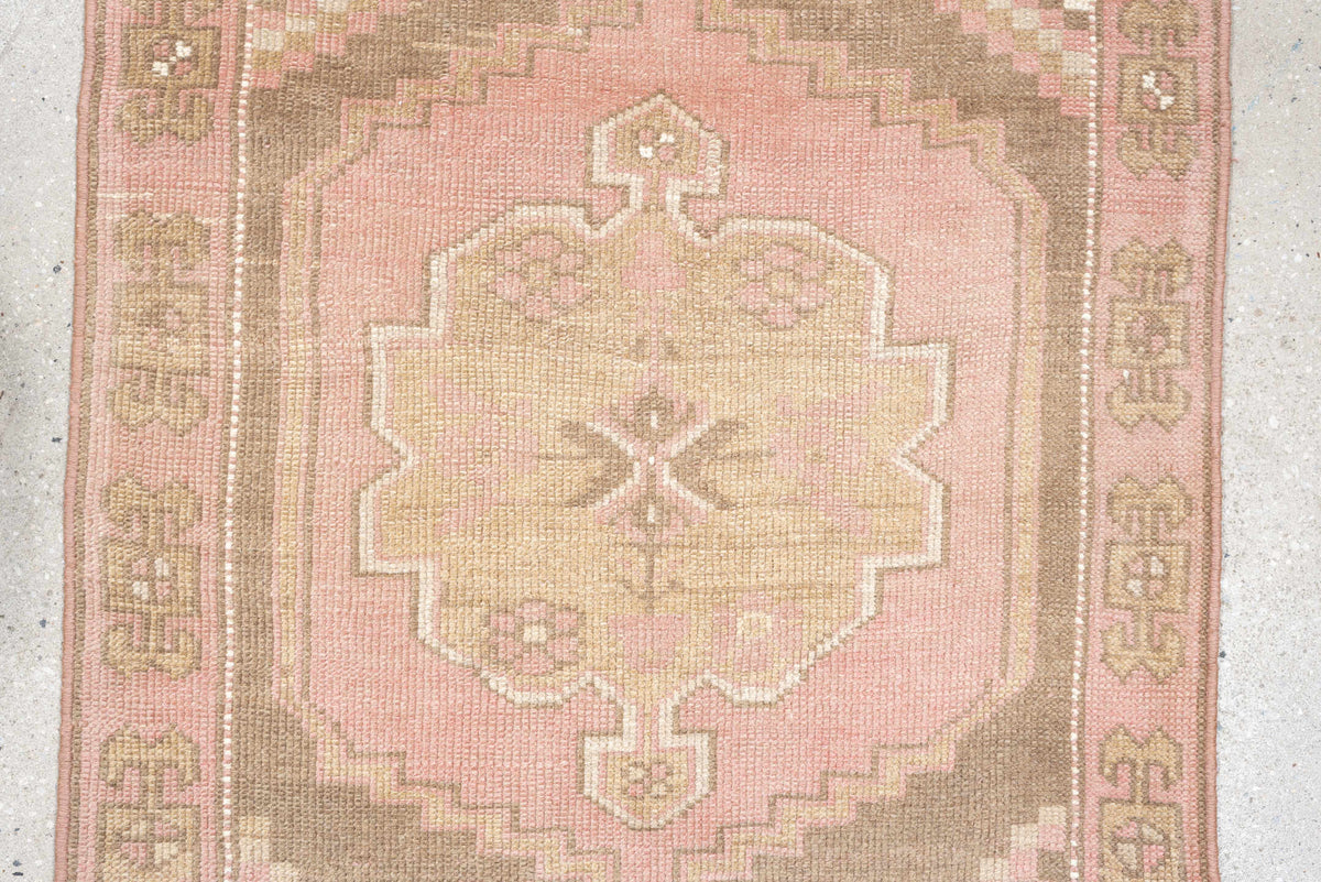 2' x 15' one-of-a-kind handmade antique Oushak runner rug. Color palette: blush rose, taupe, ivory, dusty pink, sage, beige