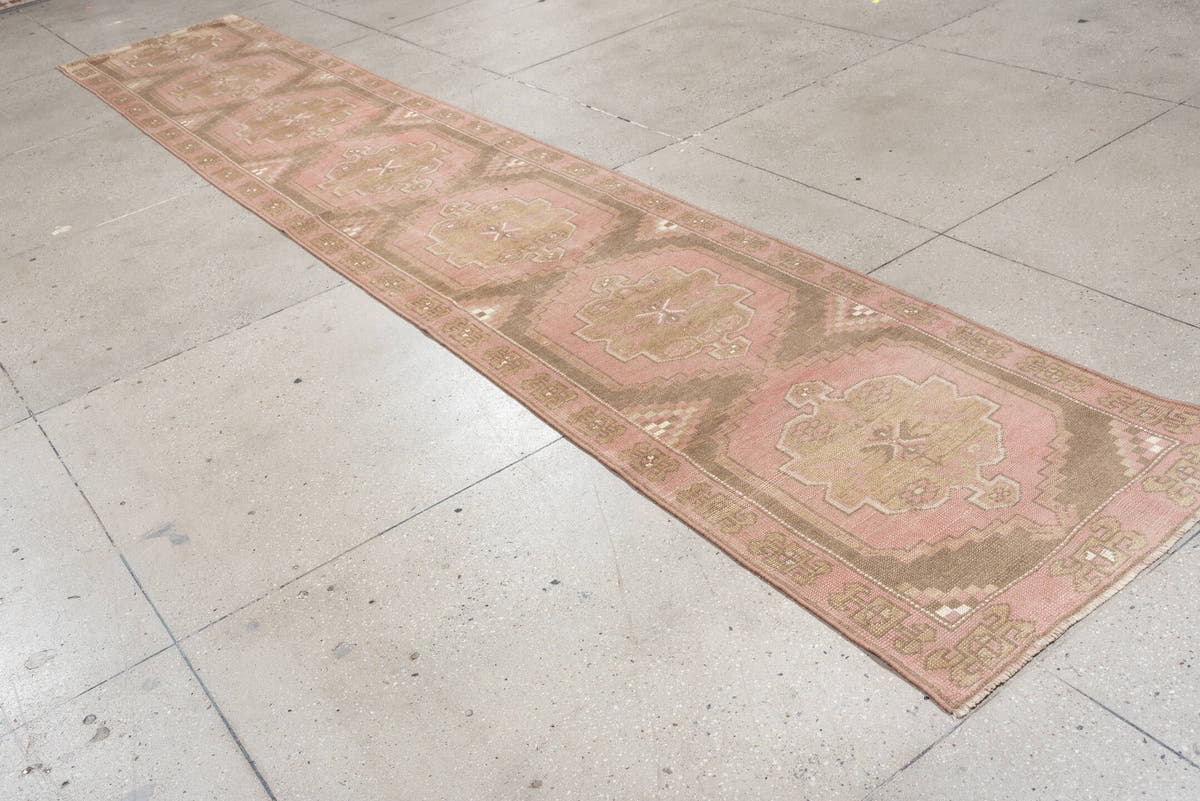 2' x 15' one-of-a-kind handmade antique Oushak runner rug. Color palette: blush rose, taupe, ivory, dusty pink, sage, beige