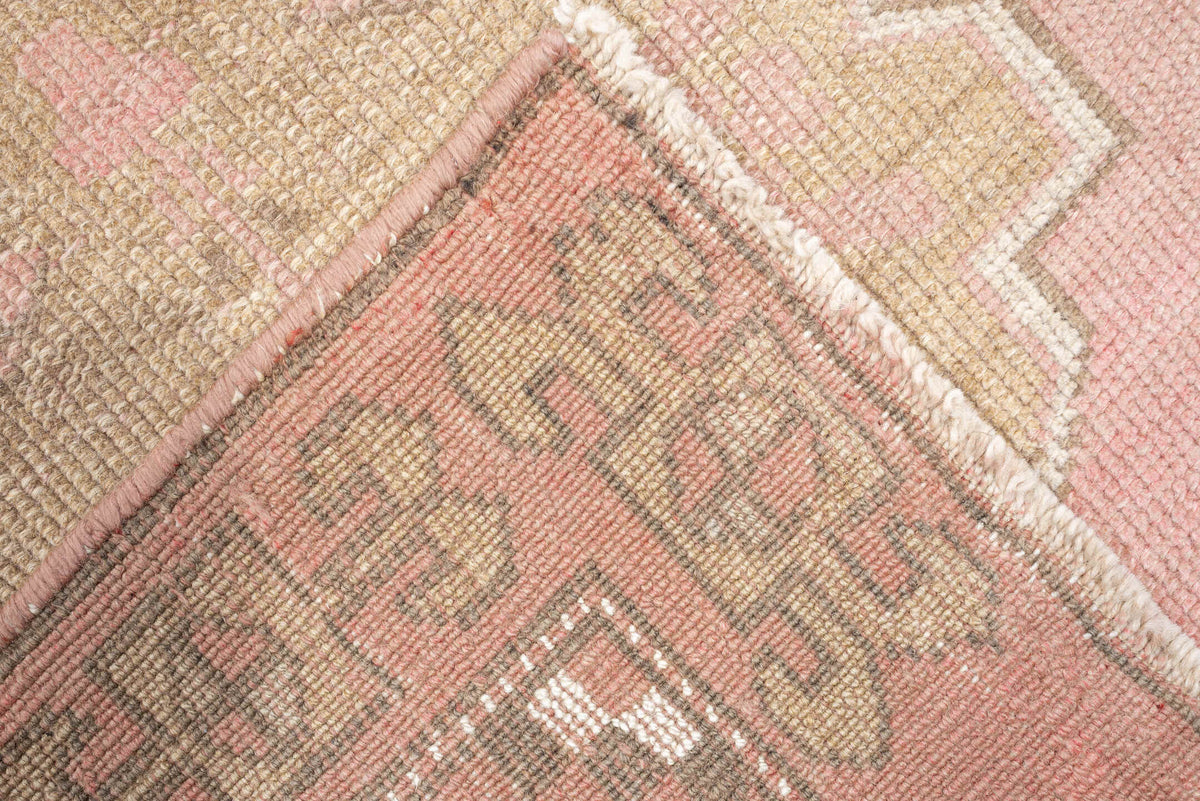2' x 15' one-of-a-kind handmade antique Oushak runner rug. Color palette: blush rose, taupe, ivory, dusty pink, sage, beige