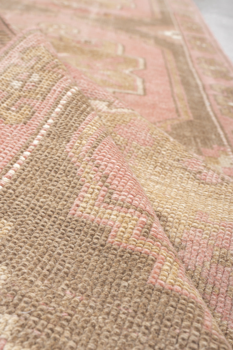 2' x 15' one-of-a-kind handmade antique Oushak runner rug. Color palette: blush rose, taupe, ivory, dusty pink, sage, beige