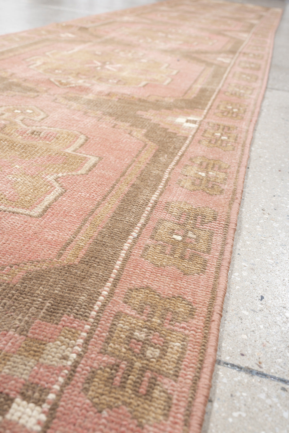 2' x 15' one-of-a-kind handmade antique Oushak runner rug. Color palette: blush rose, taupe, ivory, dusty pink, sage, beige