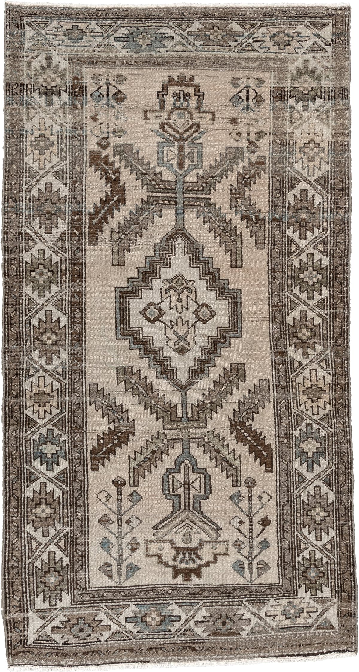 3' x 6' one-of-a-kind handmade antique Hamadan small size rug. Color palette: ivory, taupe, brown, blue gray, charcoal