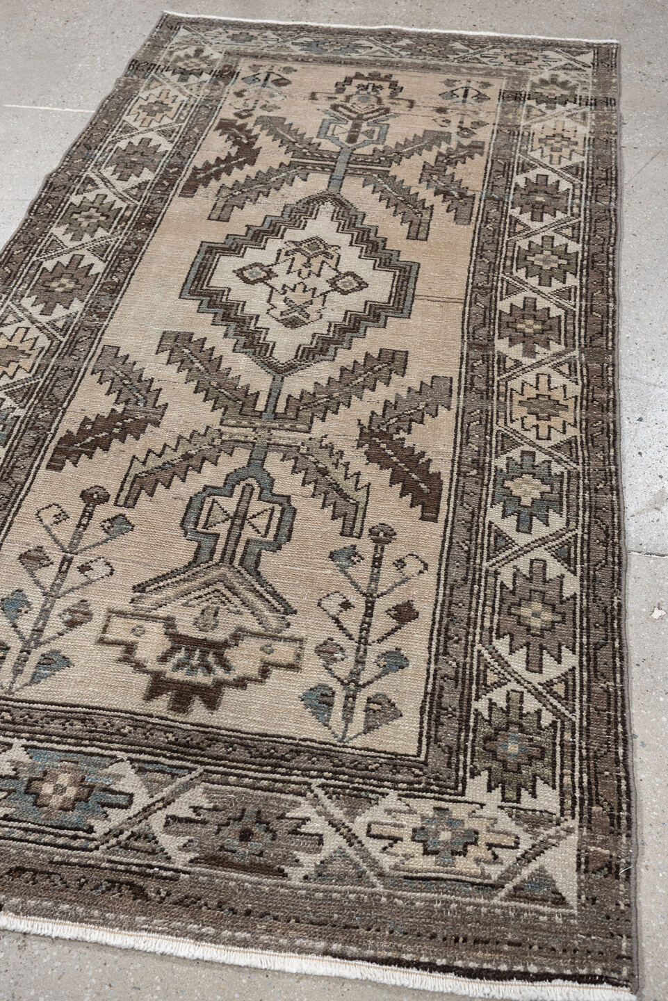 3' x 6' one-of-a-kind handmade antique Hamadan small size rug. Color palette: ivory, taupe, brown, blue gray, charcoal