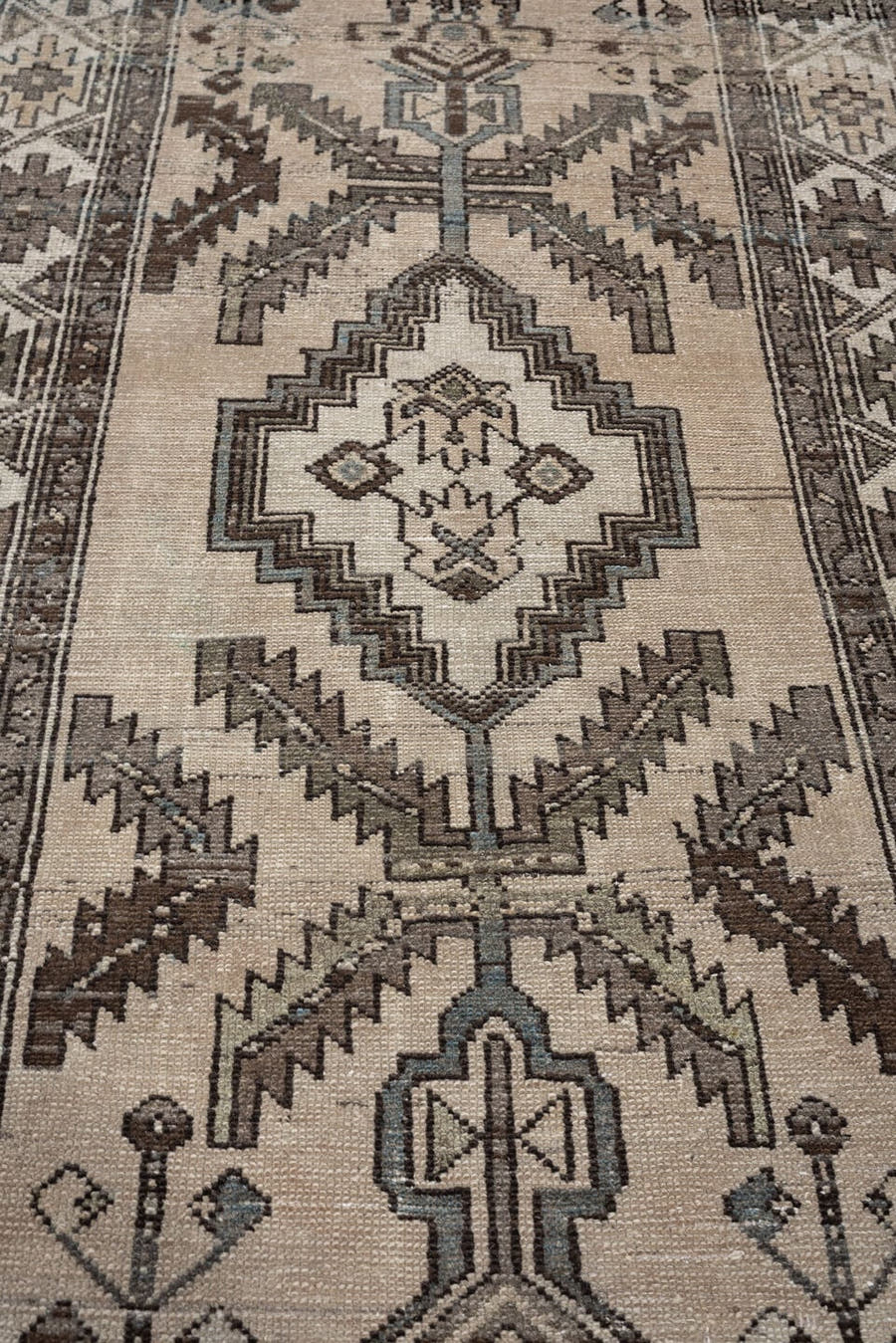 3' x 6' one-of-a-kind handmade antique Hamadan small size rug. Color palette: ivory, taupe, brown, blue gray, charcoal