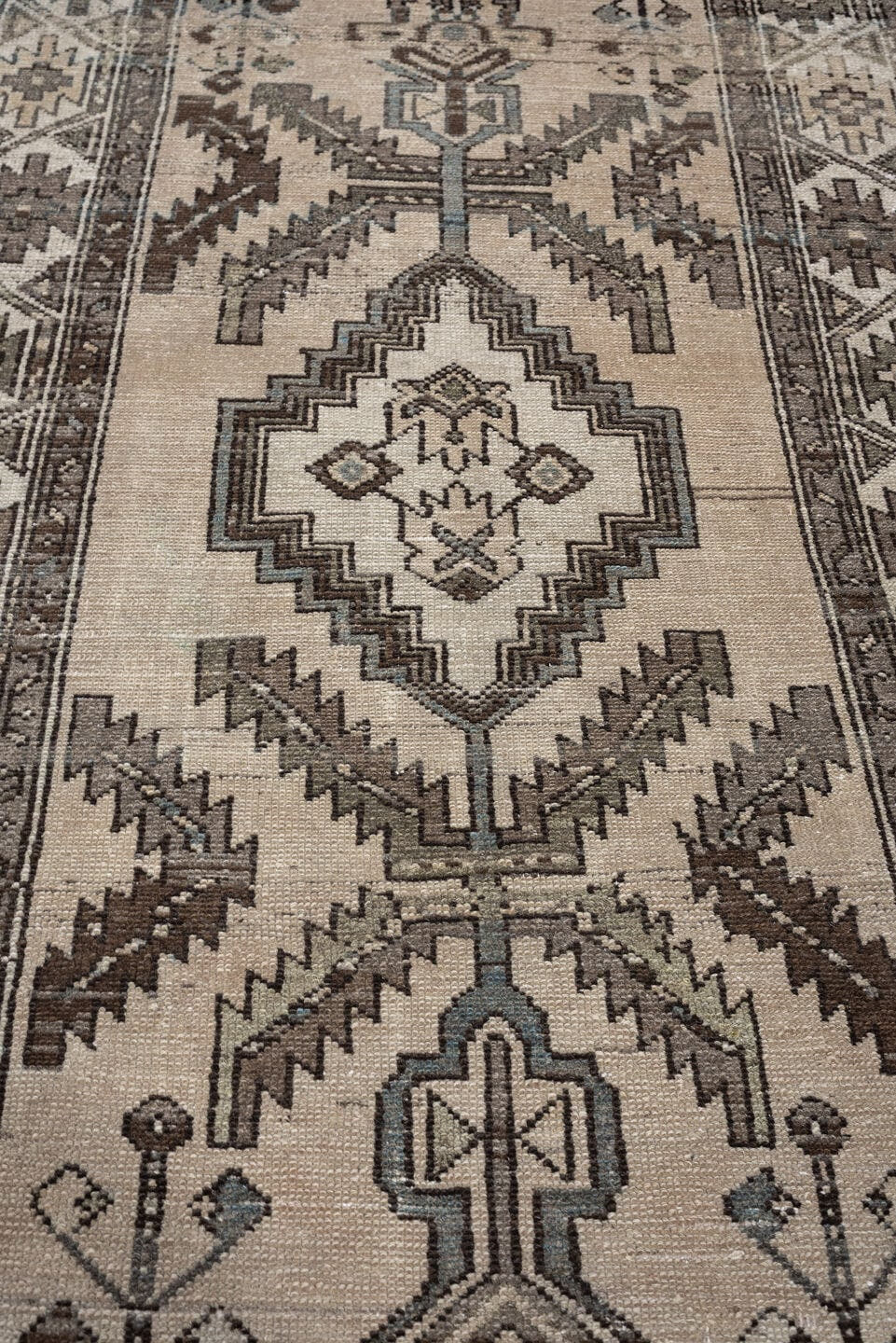 3' x 6' one-of-a-kind handmade antique Hamadan small size rug. Color palette: ivory, taupe, brown, blue gray, charcoal