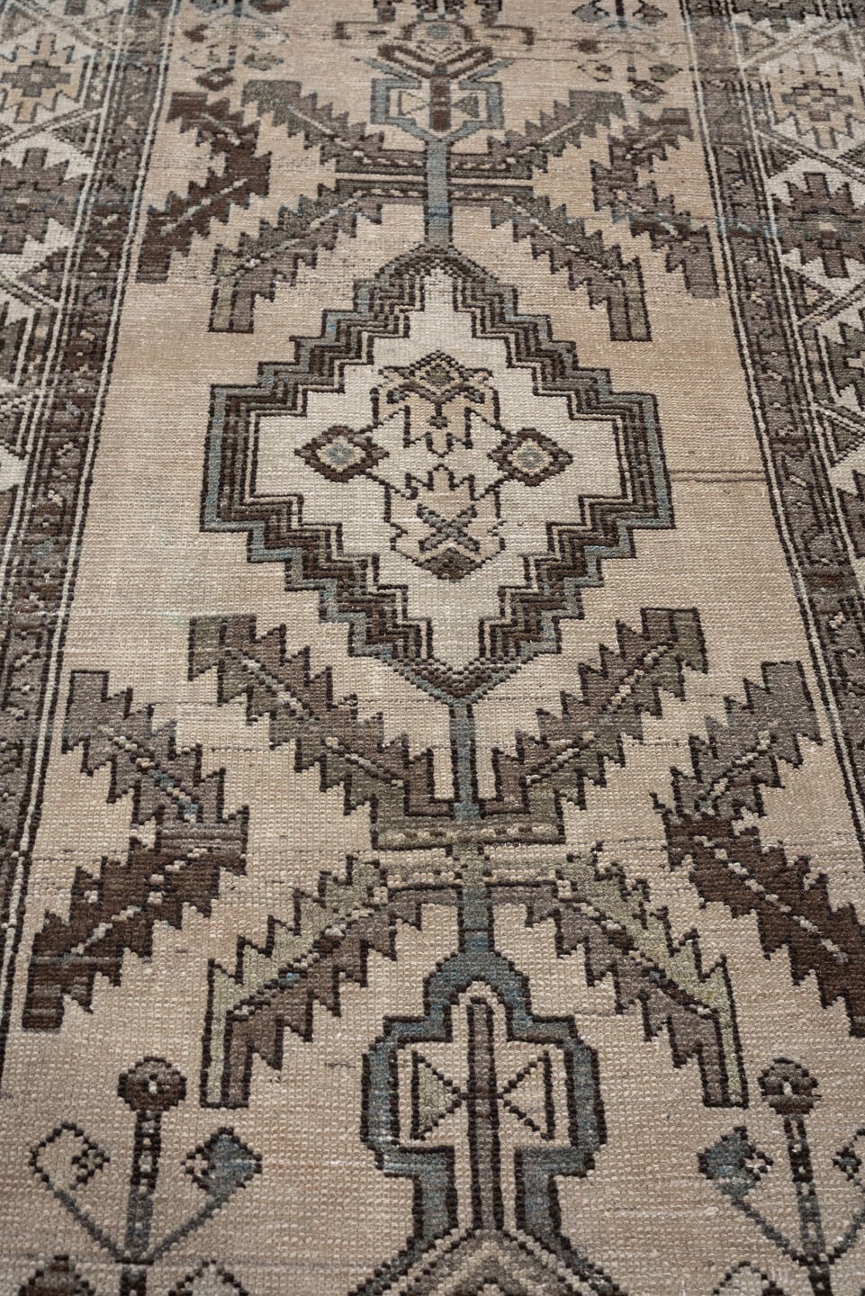3' x 6' one-of-a-kind handmade antique Hamadan small size rug. Color palette: ivory, taupe, brown, blue gray, charcoal