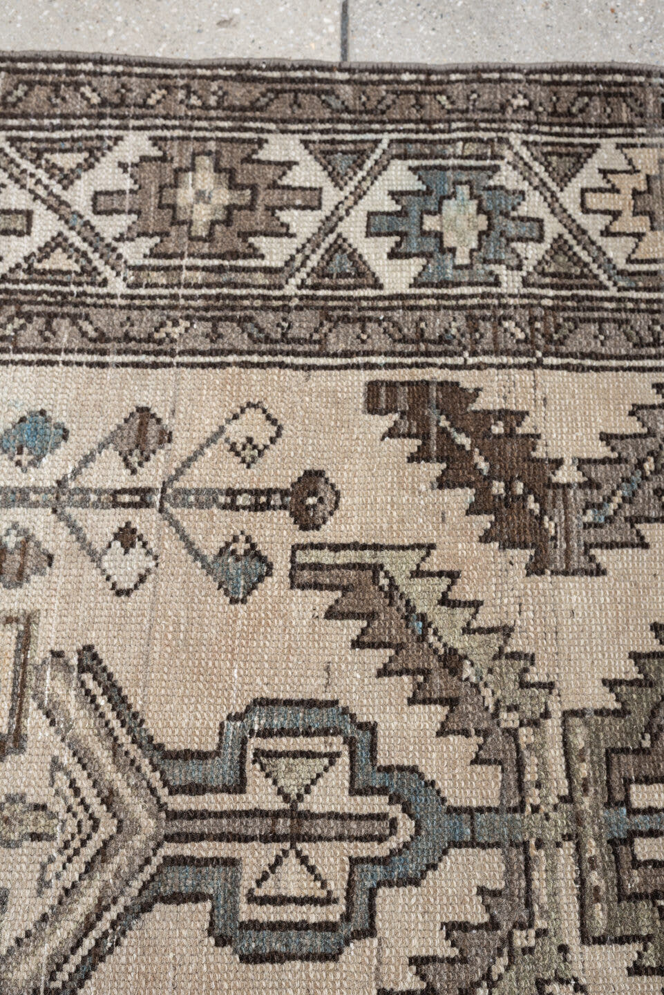 3' x 6' one-of-a-kind handmade antique Hamadan small size rug. Color palette: ivory, taupe, brown, blue gray, charcoal