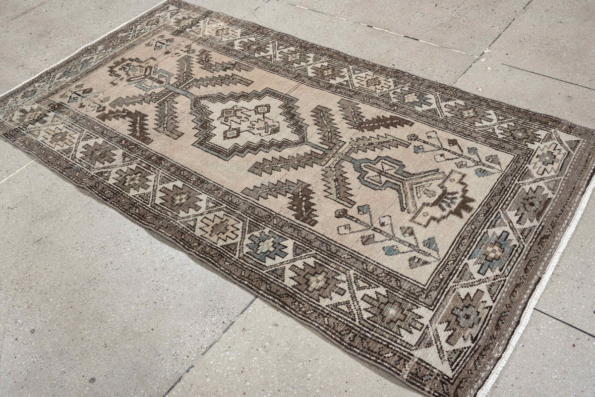 3' x 6' one-of-a-kind handmade antique Hamadan small size rug. Color palette: ivory, taupe, brown, blue gray, charcoal