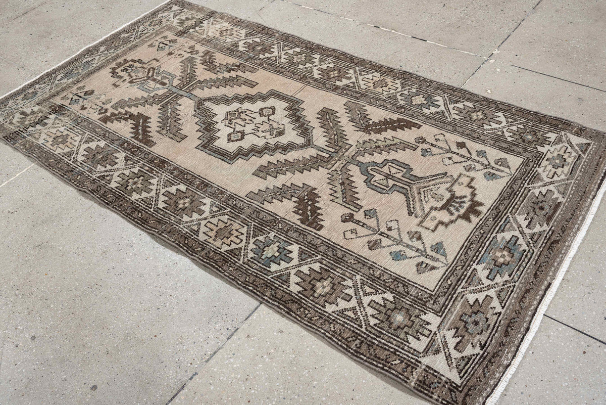 3' x 6' one-of-a-kind handmade antique Hamadan small size rug. Color palette: ivory, taupe, brown, blue gray, charcoal