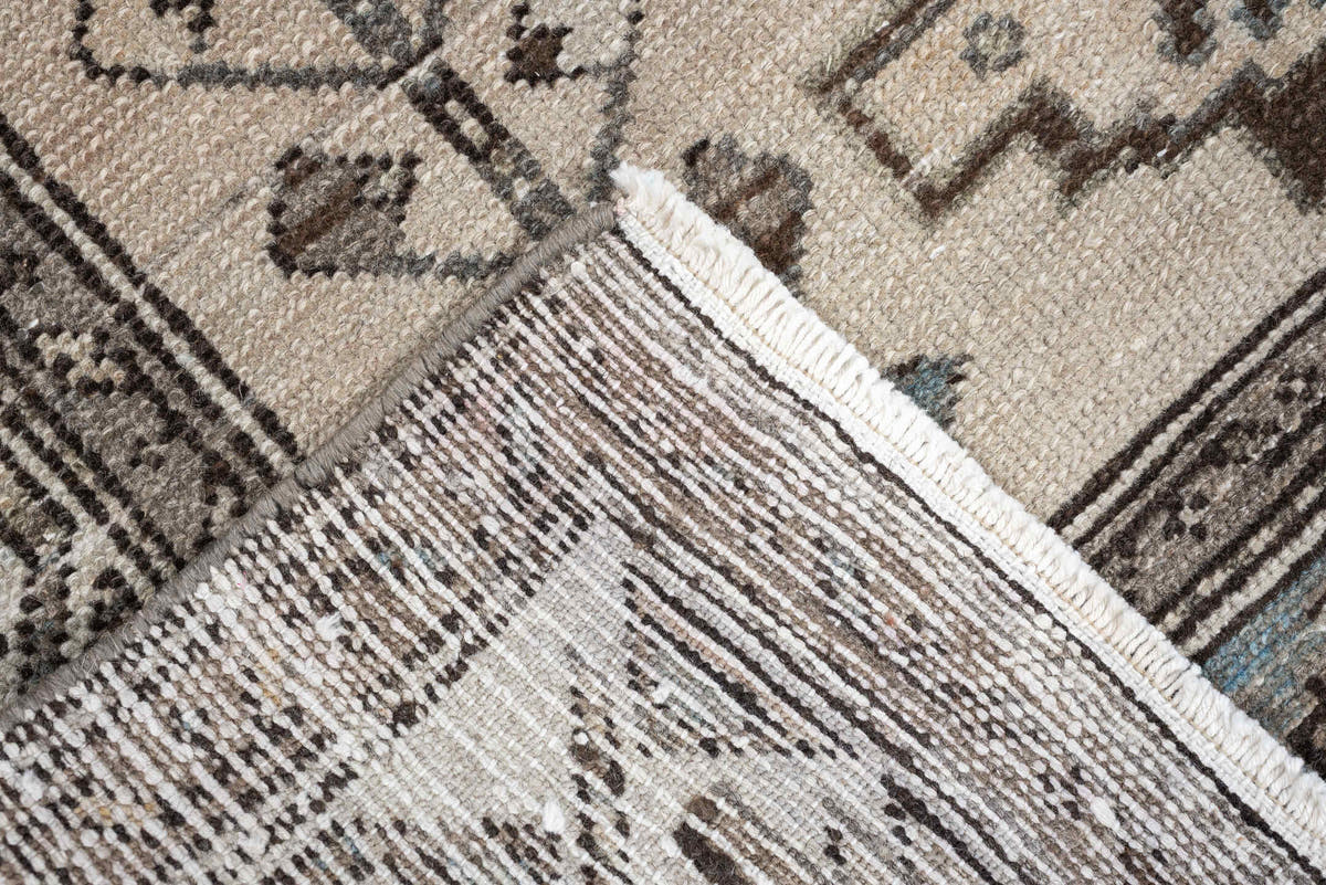 3' x 6' one-of-a-kind handmade antique Hamadan small size rug. Color palette: ivory, taupe, brown, blue gray, charcoal