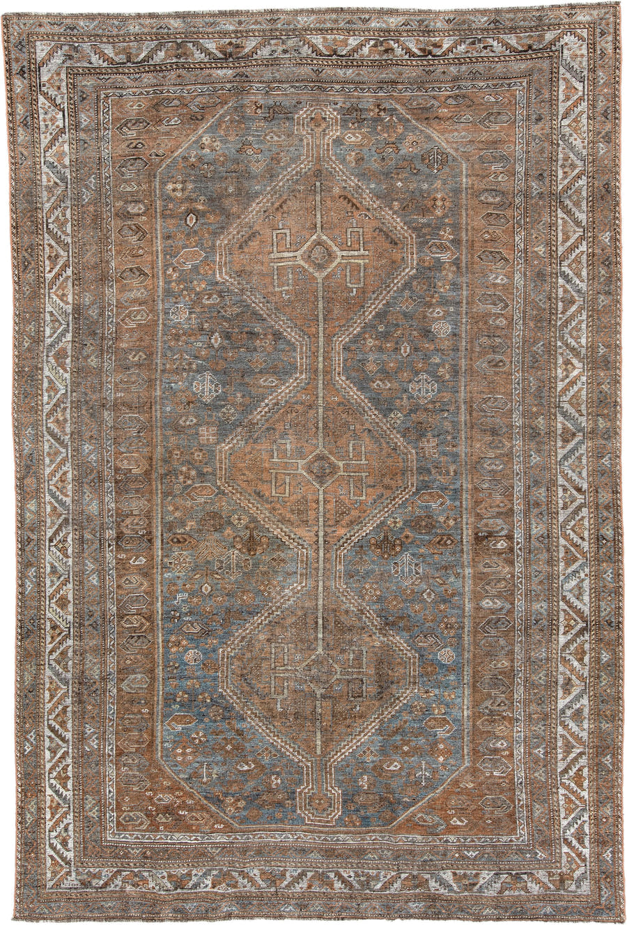 6' x 10' one-of-a-kind handmade antique Shiraz large size rug. Color palette: blue gray, rust, ivory, taupe, charcoal, camel