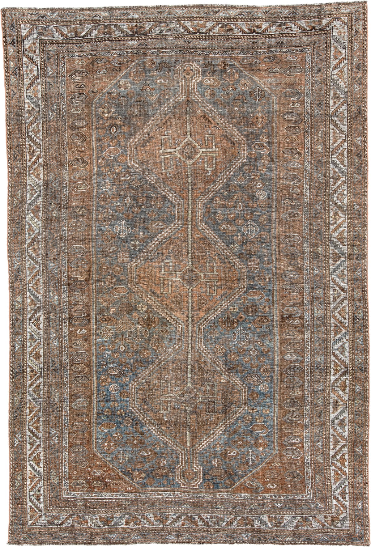 6' x 10' one-of-a-kind handmade antique Shiraz large size rug. Color palette: blue gray, rust, ivory, taupe, charcoal, camel