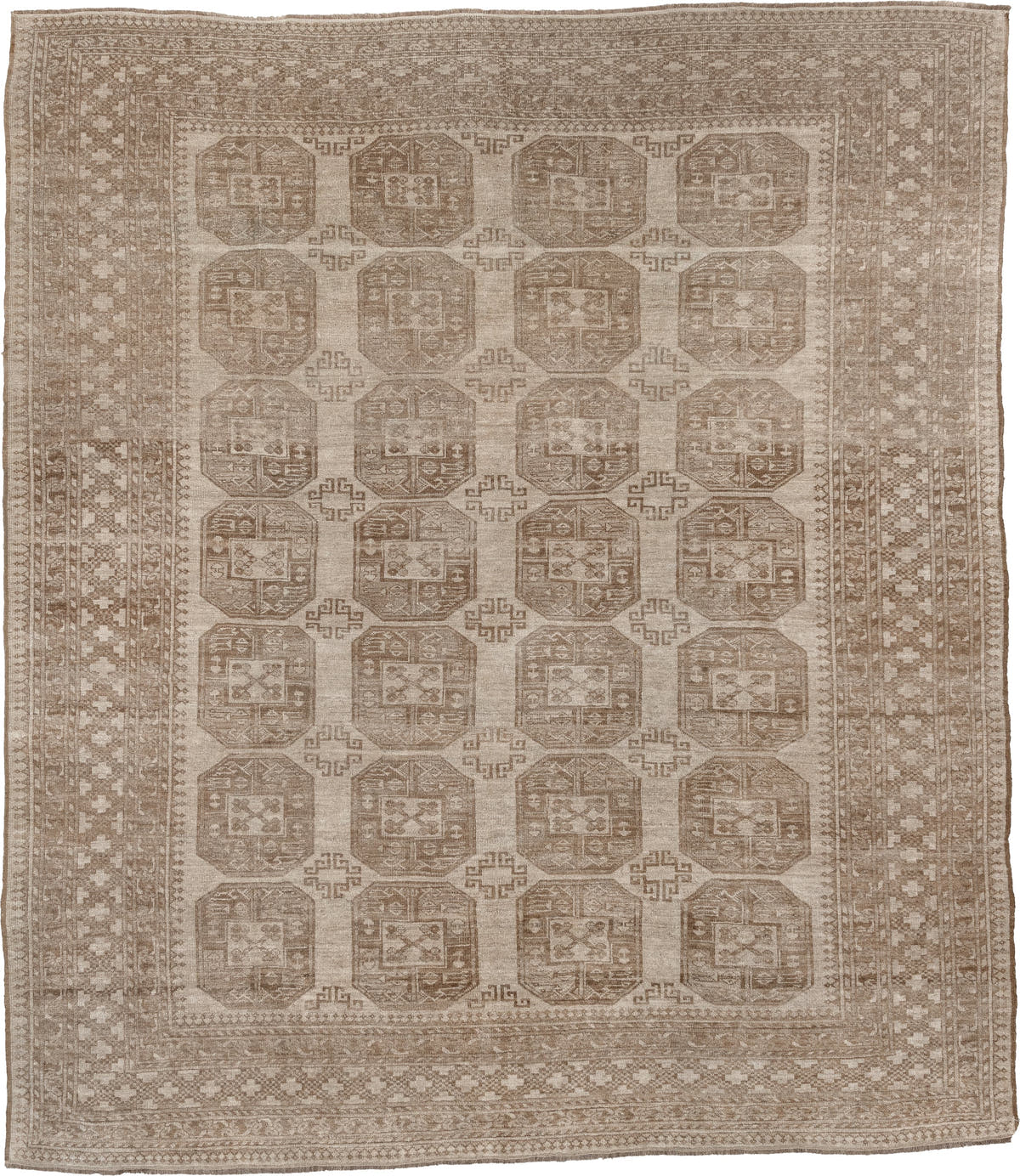 8' x 9' one-of-a-kind handmade antique Afghan large size rug. Color palette: ivory, taupe, sand, camel, beige, brown, gray
