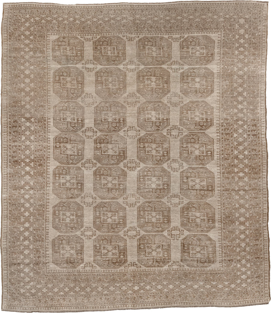 8' x 9' one-of-a-kind handmade antique Afghan large size rug. Color palette: ivory, taupe, sand, camel, beige, brown, gray