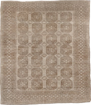 8' x 9' one-of-a-kind handmade antique Afghan large size rug. Color palette: ivory, taupe, sand, camel, beige, brown, gray