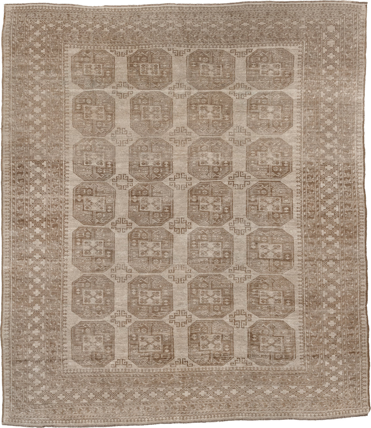 8' x 9' one-of-a-kind handmade antique Afghan large size rug. Color palette: ivory, taupe, sand, camel, beige, brown, gray