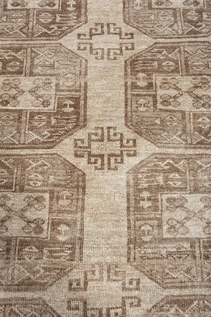 8' x 9' one-of-a-kind handmade antique Afghan large size rug. Color palette: ivory, taupe, sand, camel, beige, brown, gray