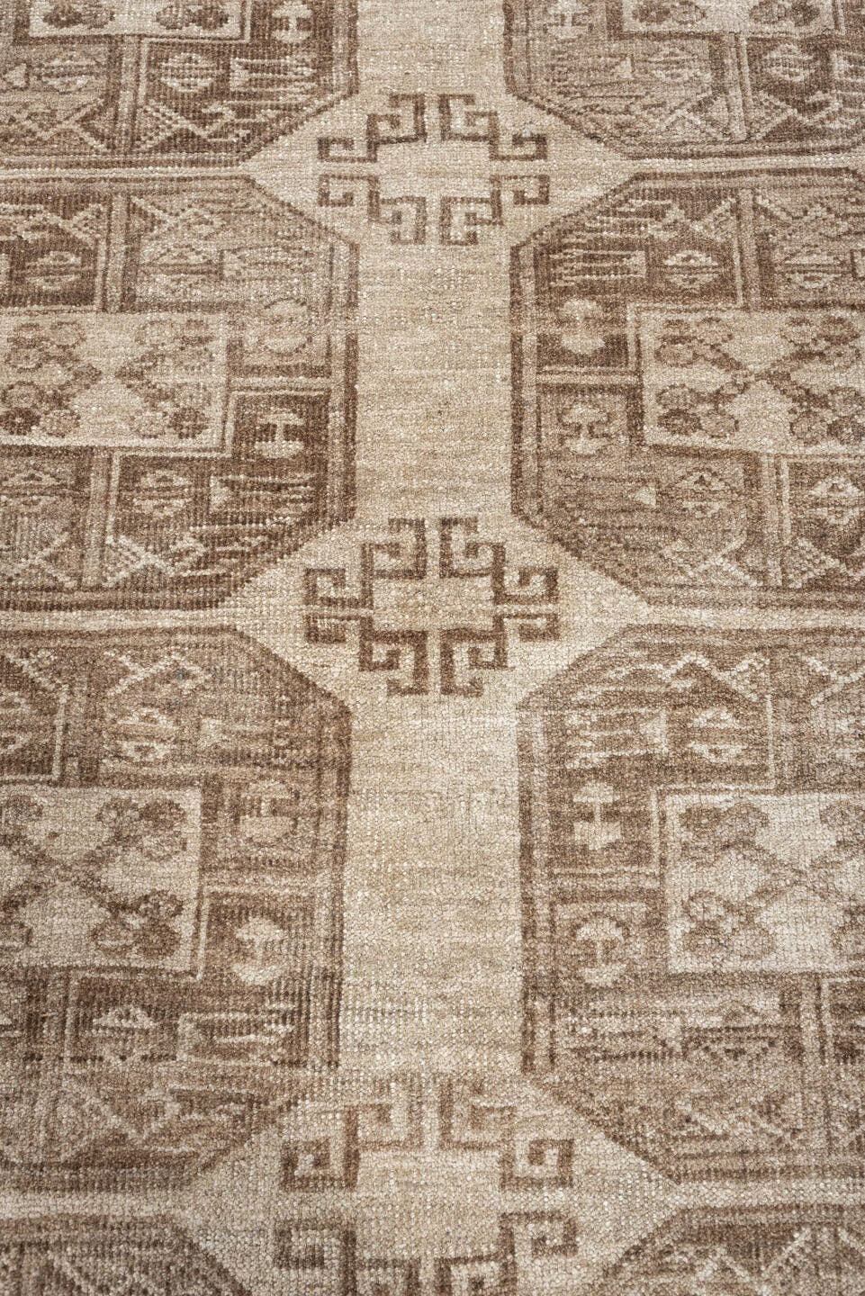 8' x 9' one-of-a-kind handmade antique Afghan large size rug. Color palette: ivory, taupe, sand, camel, beige, brown, gray