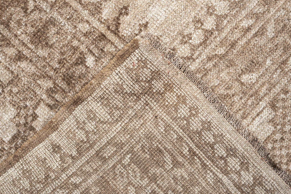 8' x 9' one-of-a-kind handmade antique Afghan large size rug. Color palette: ivory, taupe, sand, camel, beige, brown, gray
