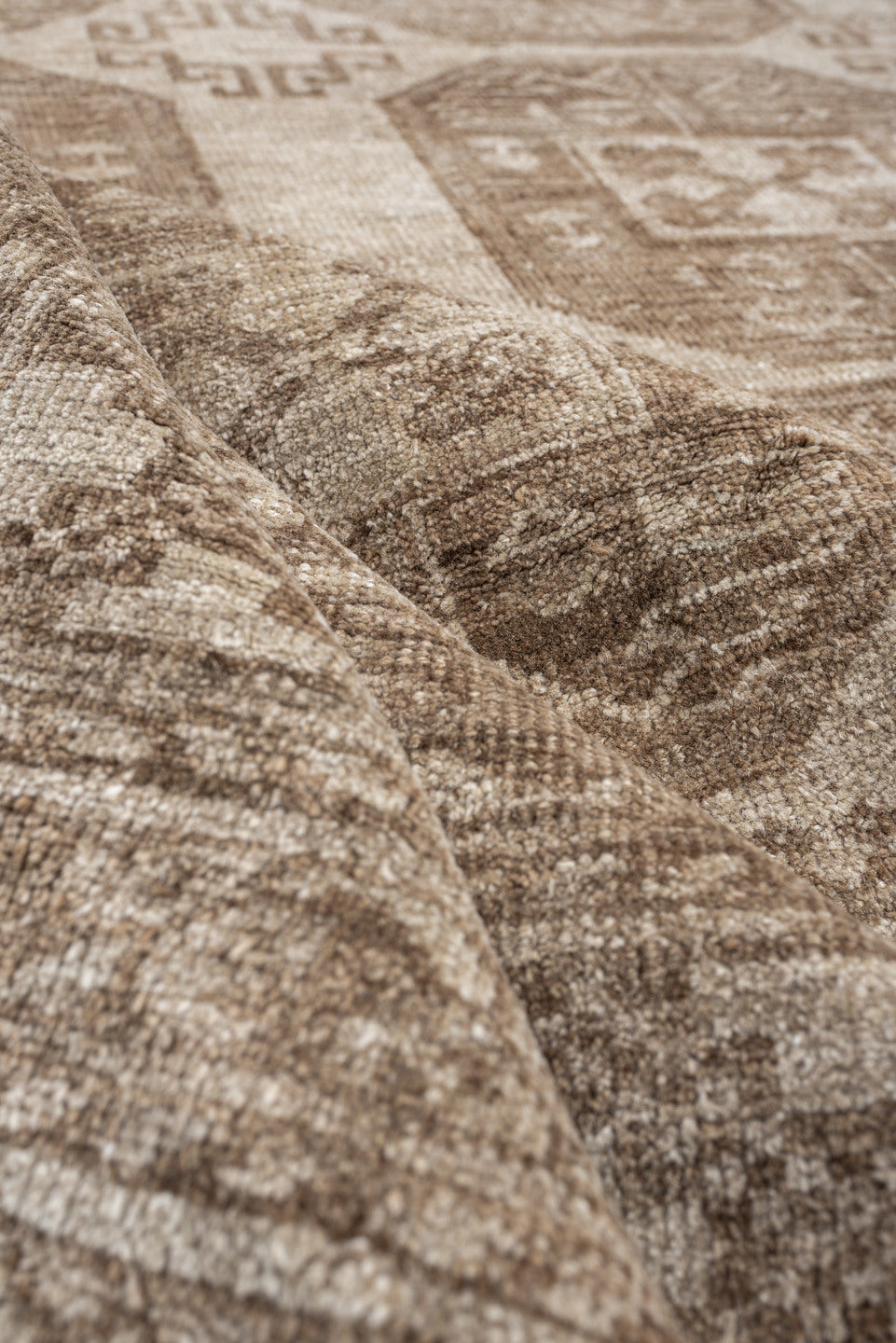 8' x 9' one-of-a-kind handmade antique Afghan large size rug. Color palette: ivory, taupe, sand, camel, beige, brown, gray