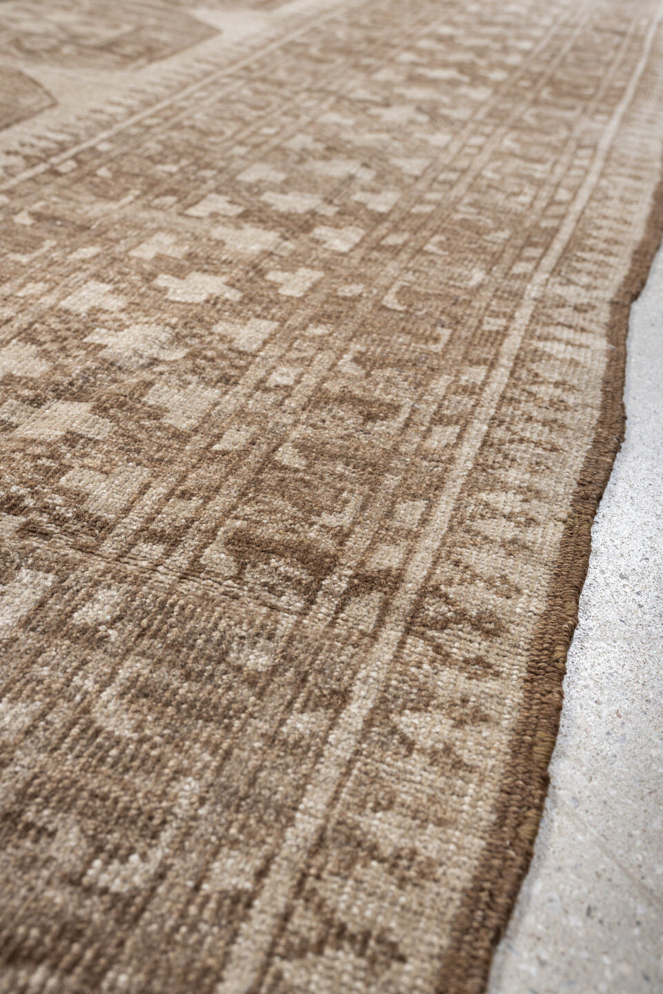 8' x 9' one-of-a-kind handmade antique Afghan large size rug. Color palette: ivory, taupe, sand, camel, beige, brown, gray