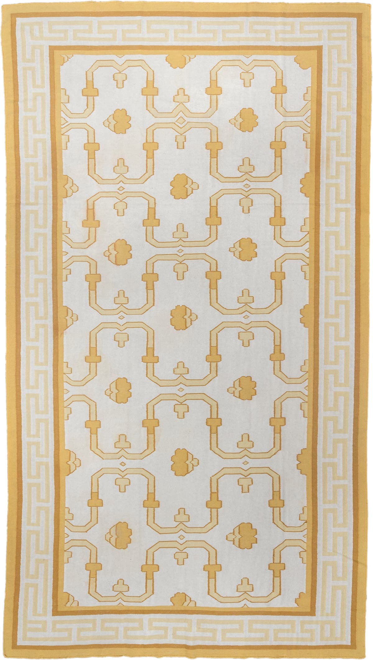 7' x 12' one-of-a-kind handmade antique Dhurrie large size rug. Color palette: ivory, saffron, gold, camel, cream