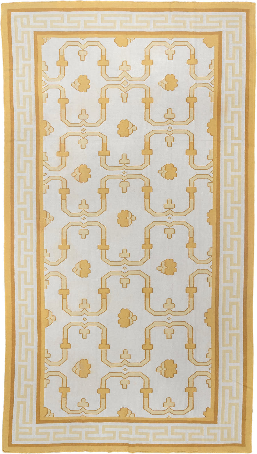 7' x 12' one-of-a-kind handmade antique Dhurrie large size rug. Color palette: ivory, saffron, gold, camel, cream