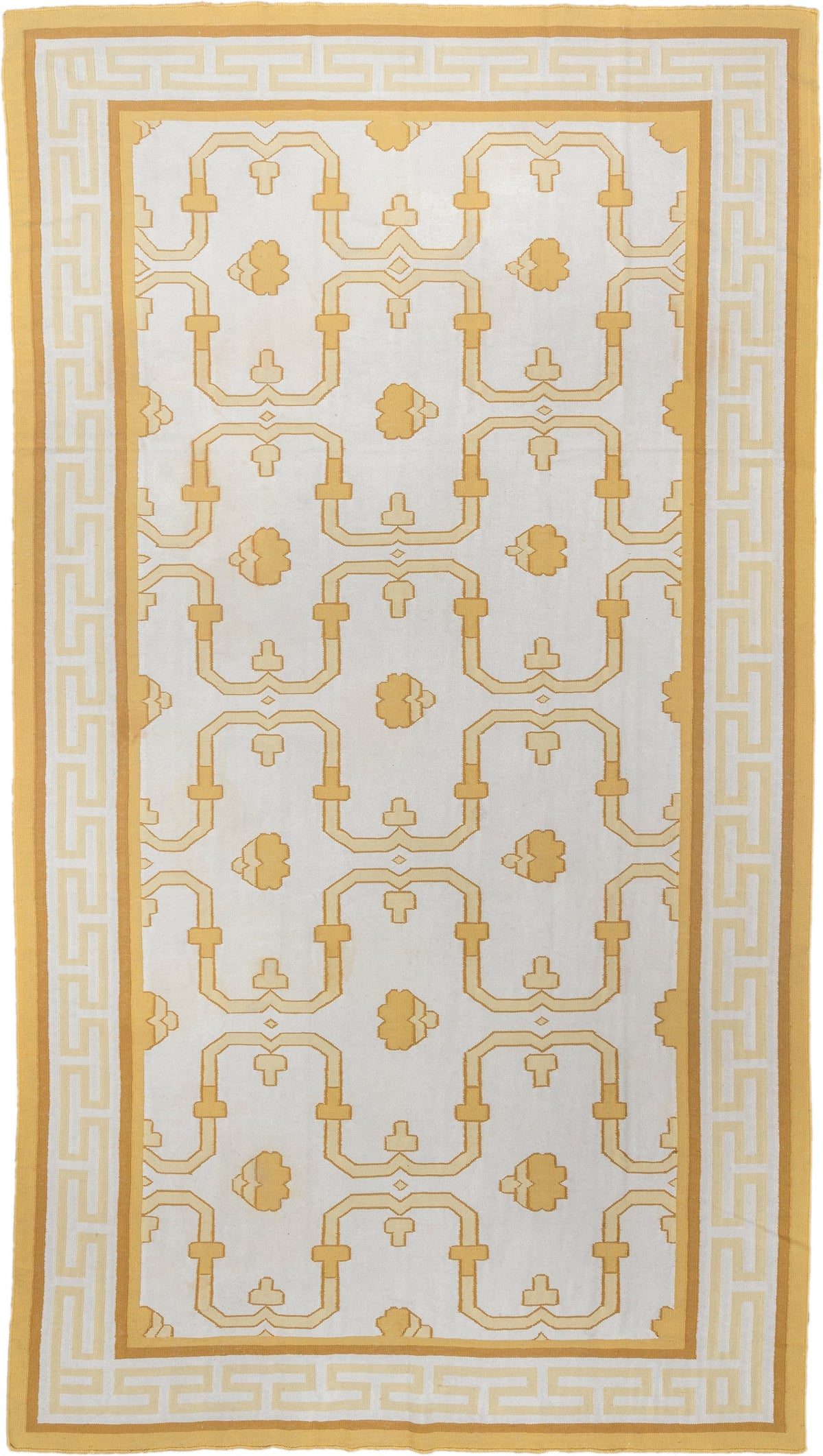 7' x 12' one-of-a-kind handmade antique Dhurrie large size rug. Color palette: ivory, saffron, gold, camel, cream