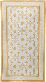 7' x 12' one-of-a-kind handmade antique Dhurrie large size rug. Color palette: ivory, saffron, gold, camel, cream