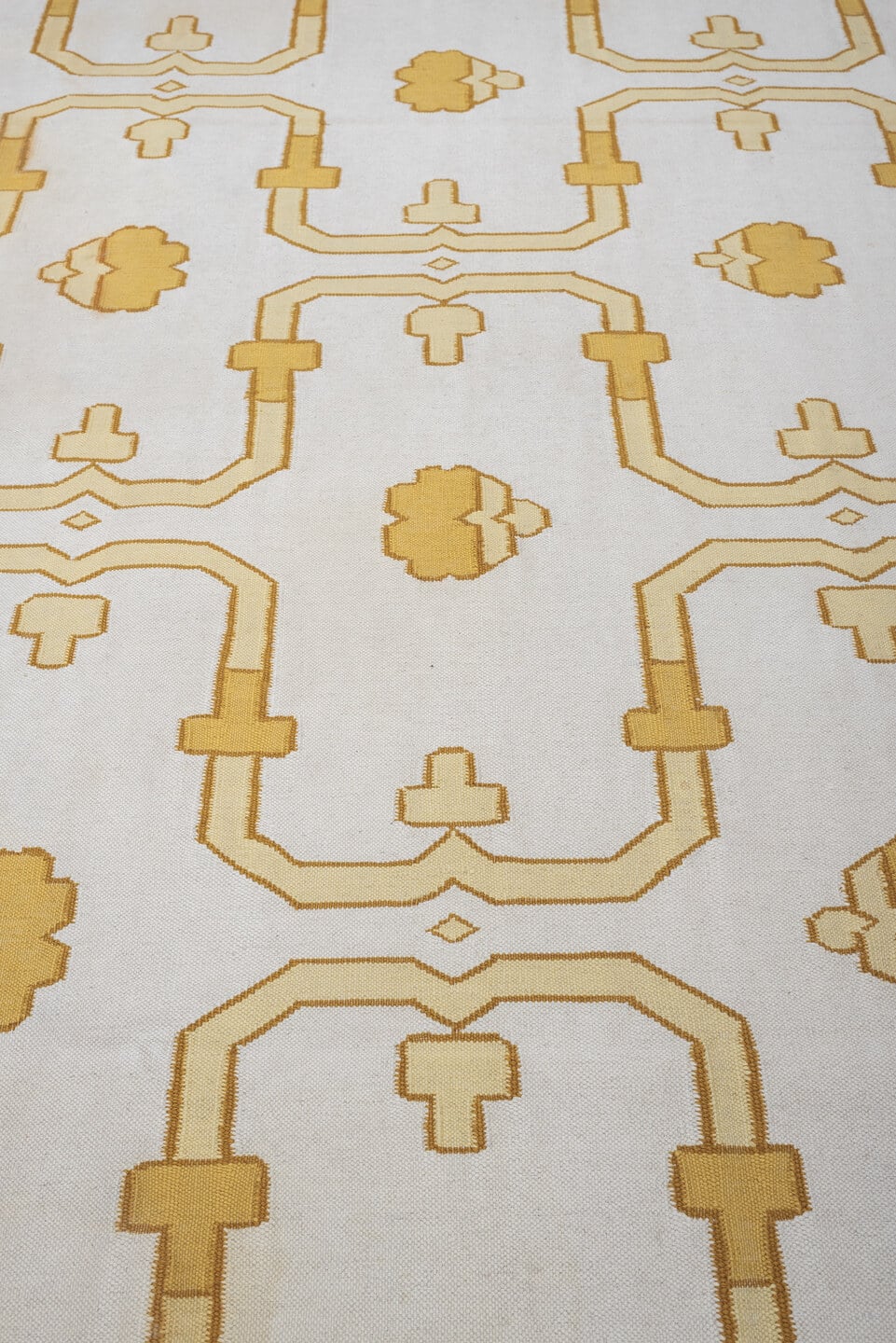 7' x 12' one-of-a-kind handmade antique Dhurrie large size rug. Color palette: ivory, saffron, gold, camel, cream