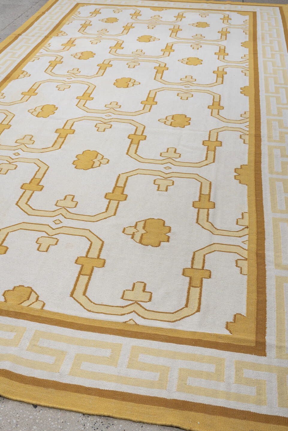7' x 12' one-of-a-kind handmade antique Dhurrie large size rug. Color palette: ivory, saffron, gold, camel, cream