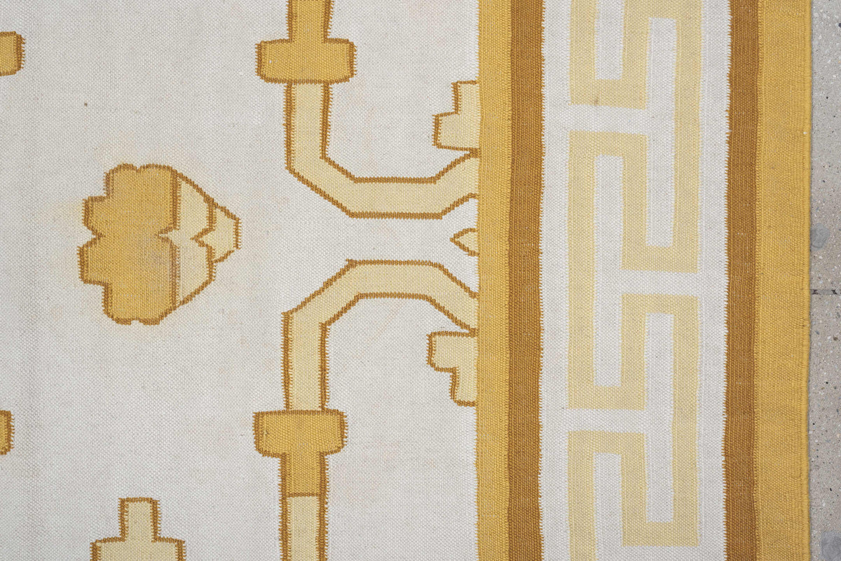 7' x 12' one-of-a-kind handmade antique Dhurrie large size rug. Color palette: ivory, saffron, gold, camel, cream